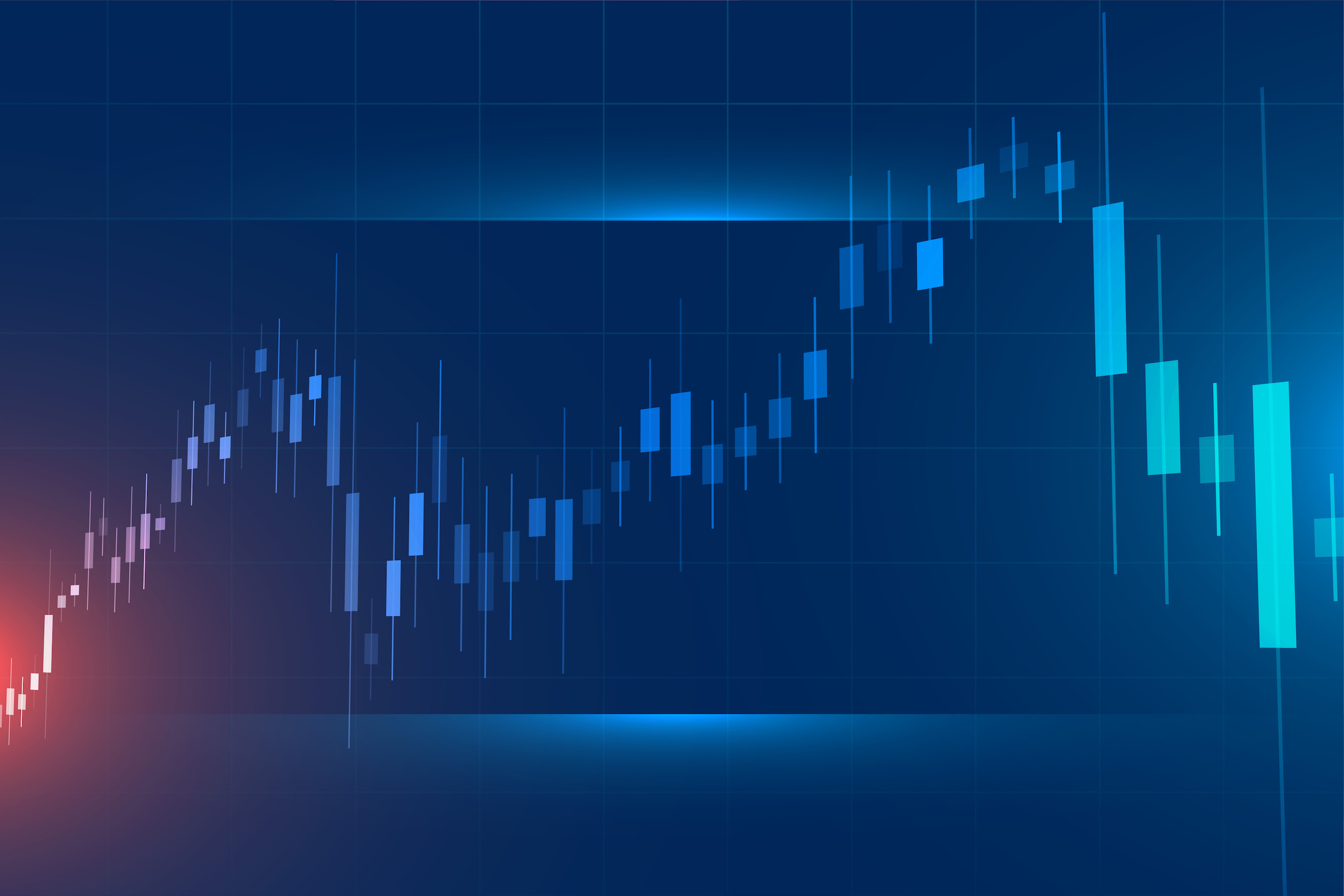 Advanced forex trading candlestick chart on a dark blue background