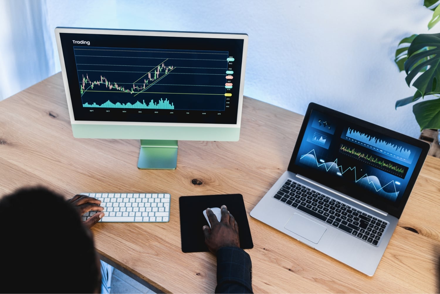 Desktop and laptop screens showing equity and forex charts side by side