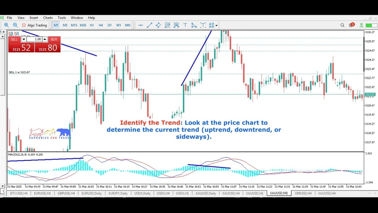 Gold chart showing MACD momentum divergence against price